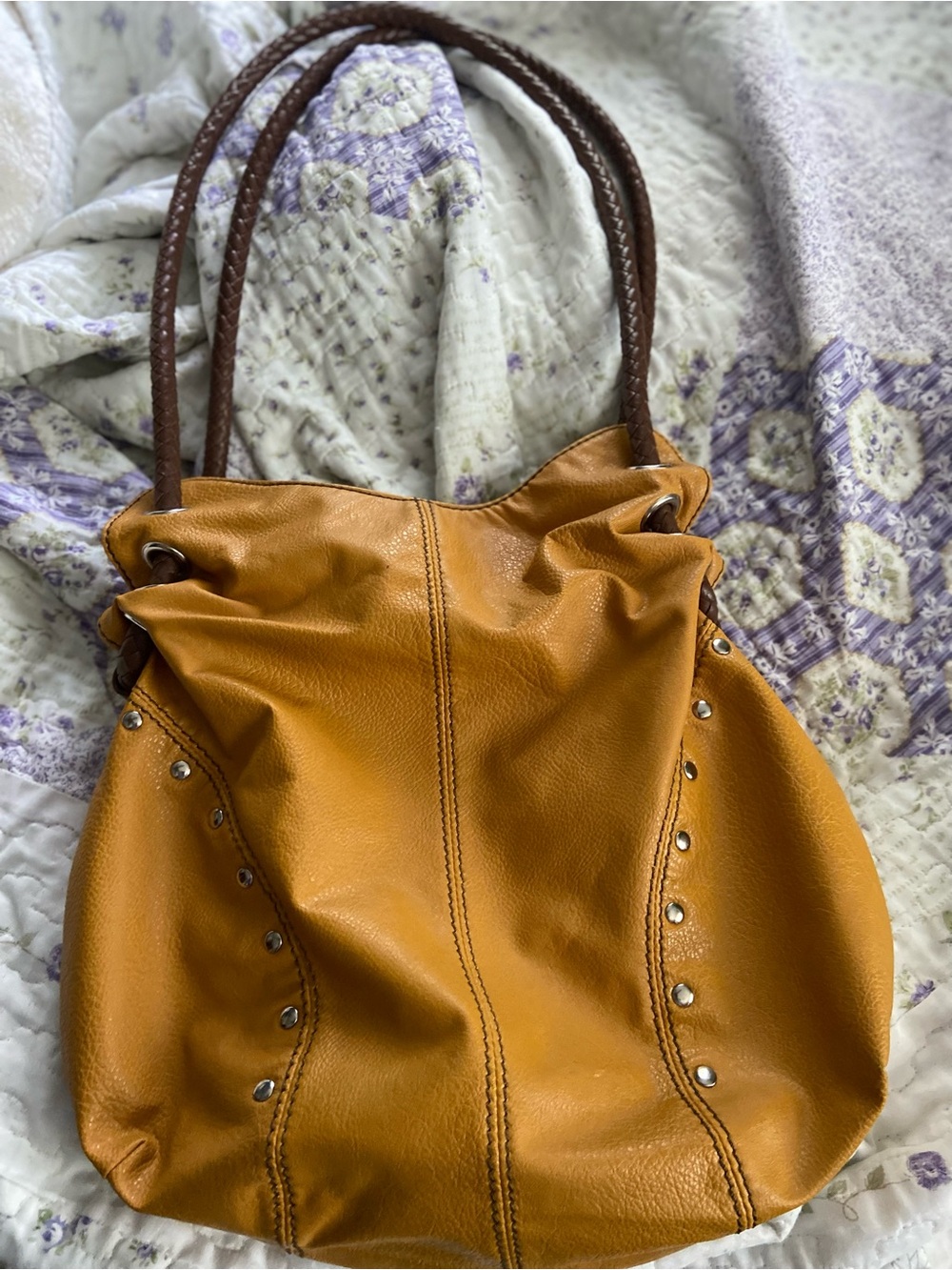 Relic Mustard Tan Pebbled Leather Shoulder Bag with Braided Handles